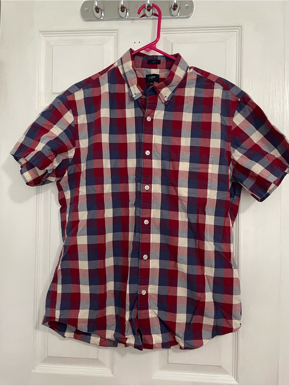 J. Crew Men's Button-Down Short Sleeve Plaid Shirt - Red/Navy/White
